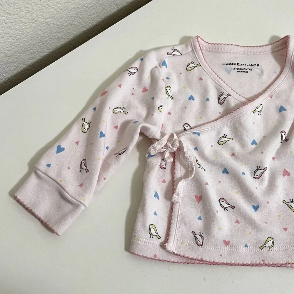Janie and Jack Pink Bird Heart Kimono Top Footed Pants Set Baby Girl 3-6 Months
